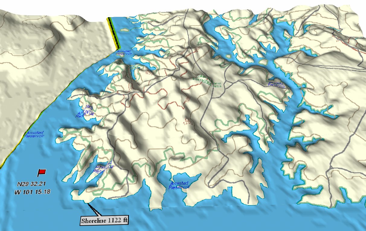 Three-dimensional shaded terrain map of Amistad Reservoir with the Goodenough Springs location flagged at N29 32.21 W101 15.18 and the shoreline marked at 1122 feet.